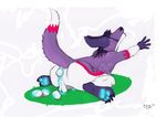  anthro balls bioluminescence butt canine ced cyan_fluid cyan_pawpads egg eyes_closed fennec fox fur glowing male mammal oviposition purple purple_fur solo spread_legs spreading teal teal_eyes 