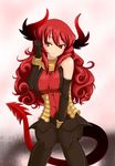  adjusting_hair between_thighs black_gloves bracelet choker curly_hair demon_girl elbow_gloves enoko_(zqfebi) gloves highres horns jewelry long_hair maou_beluzel orange_eyes red_hair sitting smile solo tail yuusha_to_maou 