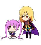  1girl bad_id bad_pixiv_id blonde_hair cape chibi hirosuke_(psychexx) long_hair lowres purple_eyes purple_hair red_eyes richard_(tales) simple_background sitting smile sophie_(tales) tales_of_(series) tales_of_graces twintails white_background 