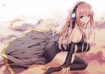  absurdres artist_name boots detached_sleeves headphones high_heels highres long_hair looking_at_viewer megurine_luka parted_lips pink_hair purple_eyes saitou_masatsugu scan shoes sitting solo thigh_boots thighhighs very_long_hair vocaloid wariza 