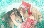  animal brown_hair closed_eyes flower highres jewelry kiss lips long_hair mayday original ring solo wolf 
