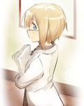  blonde_hair blue_eyes blush glasses labcoat looking_at_viewer profile short_hair solo strike_witches tsuchii_(ramakifrau) ursula_hartmann world_witches_series 