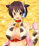  animal_ears animal_print bare_shoulders bell bell_collar belt black_hair breasts brown_eyes cleavage clenched_hand collar cow_bell cow_ears cow_horns cow_print cow_tail elbow_gloves fake_animal_ears gloves headset horns idolmaster idolmaster_cinderella_girls large_breasts musical_note oikawa_shizuku open_mouth short_hair smile solo sr_soba tail 