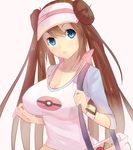  bag blue_eyes bow breasts brown_hair cleavage double_bun hair_bow handbag large_breasts long_hair magister_(medical_whiskey) mei_(pokemon) pokemon pokemon_(game) pokemon_bw2 raglan_sleeves solo sweat twintails visor_cap watch wristwatch 