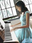  babydoll backlighting bad_id bad_pixiv_id blue_eyes brown_hair copyright_request instrument long_hair music piano playing_instrument playing_piano see-through solo window xcalibur 