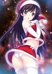  bare_shoulders black_eyes black_hair blush christmas detached_sleeves fur_trim highres kawata_hisashi long_hair looking_at_viewer looking_back morikawa_yuki open_mouth panties pantyshot santa_costume sitting skirt solo thighhighs underwear upskirt white_album white_legwear white_panties 