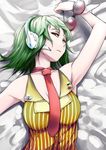  from_above goggles green_eyes green_hair gumi headset looking_at_viewer looking_up lying necktie on_back short_hair sinzan solo striped upper_body vocaloid wrist_cuffs 
