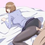  1girl all_fours aoki_yuriko ass back bakuman bed bed_sheet blush breasts brown_hair censored clothed_sex doggystyle highres legs looking_back medium_breasts mole open_mouth panties panties_aside pantyhose penis sex sheet_grab short_hair skirt skirt_lift sweater thighs torn_clothes torn_pantyhose underwear upskirt vaginal yellow_eyes 