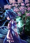  bare_shoulders blue_eyes blue_hair cherry_blossoms cirno detached_sleeves from_behind highres ice ice_wings looking_back same_2009 solo stairs touhou tree wings 