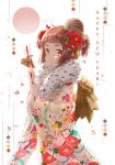  1girl absurdres ahoge animal animal_on_head arrow bangs baozi bell brown_hair cowboy_shot ema floral_print flower food food_in_mouth fur_collar furisode hair_flower hair_ornament hamaya happy_new_year highres holding japanese_clothes kimono long_sleeves looking_at_viewer mouth_hold new_year obi on_head original pig red_eyes sash sena_tea29 short_hair short_twintails solo standing twintails wide_sleeves 
