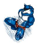  anthro biceps black_nose blue_fur bulge canine clothed clothing cum cum_in_pants cum_on_clothes cum_on_thigh digimon fur gay half-dressed machgaogamon male mammal manly muscles sex shinobiya solo were werewolf wolf 