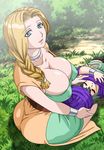  1boy 1girl age_difference bianca blonde_hair blue_eyes breasts cleavage dragon_quest dragon_quest_v forest gaden highres large_breasts long_hair looking_back milf nature no_bra outdoors sitting size_difference smile stroking_hair 