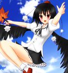  black_wings blush cloud colorized day looking_at_viewer open_mouth red_eyes shameimaru_aya sky smile solo touhou wings ytae_in yuzin 