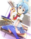  ahoge blue_eyes blue_hair blue_legwear blush book classroom doughnut eating food food_on_face highres looking_at_viewer medaka_box pemu school_uniform serafuku shiranui_hansode short_hair sitting smile solo table thighhighs zettai_ryouiki 