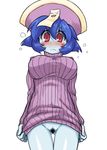  blue_hair blue_skin blush bottomless breasts clothes_tug flipped_hair hat jiangshi large_breasts lei_lei naked_sweater ofuda pubic_hair pussy red_eyes ribbed_sweater short_hair solo sweater sweater_tug tsukudani_(coke-buta) vampire_(game) 