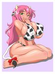  1girl artist_request breasts cow_girl erect_nipples female gigantic_breasts green_eyes kuhdelka_charolais pink_hair solo taro taro23 