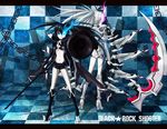  bikini_top black_hair black_rock_shooter black_rock_shooter_(character) black_rock_shooter_(game) black_vs_white blue_eyes boots burning_eye cannon chain glowing glowing_eye highres letterboxed long_hair midriff multiple_girls navel purple_eyes scythe shinebell shorts sword thighhighs twintails weapon white_hair white_rock_shooter 