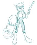  boots breasts canine cleavage clothed clothing female fox green_and_white green_and_white_theme gun hair krystal line_art mammal monochrome nintendo ranged_weapon shotgun solo star_fox video_games weapon wtfeather 