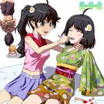  araragi_karen araragi_koyomi araragi_tsukihi bad_id bad_pixiv_id bdsm big_dipper black_eyes black_hair blood bondage bound brushing_teeth casual closed_eyes dyuei highres hokuto_no_ken ice_pick japanese_clothes kimono long_hair monogatari_(series) multiple_girls nisemonogatari oshino_shinobu reverse_prayer short_hair siblings side_ponytail sisters skirt suspension toothbrush toothpaste upside-down 