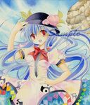 :d blue_hair chinako hand_on_hip heart hinanawi_tenshi long_hair open_mouth red_eyes sample smile solo touhou traditional_media watercolor_(medium) 