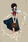  bag black_hair brown_background hair_over_one_eye holding nazo_no_kanojo_x s_kengo school_bag school_briefcase school_uniform solo urabe_mikoto v_arms wind 