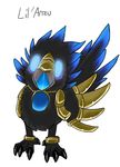  armor avian baby beak bird black black_feathers blue blue_feathers crow glowing gold hean jewelry looking_at_viewer metal pet plain_background raven raven_lord solo video_games vonderdevil warcraft white_background world_of_warcraft wow young 