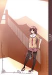  absurdres bag black_legwear bow brown_eyes brown_hair hair_bow highres long_hair looking_at_viewer neckerchief ooji original pantyhose pleated_skirt scan school_bag school_uniform serafuku skirt solo stairs 