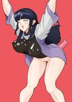  1girl anal anal_insertion anal_object_insertion areolae arms_up blue_hair blush bouncing_breasts breasts cum cum_on_body cum_on_breasts cum_on_hair cum_on_upper_body dildo erect_nipples facial fishnets headband hyuuga_hinata jacket jeibii konohagakure_symbol kunoichi large_breasts legs long_hair naruto ninja nipples no_panties object_insertion open_mouth pubic_hair red_background simple_background solo standing thighs uncensored white_eyes wince 