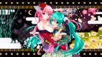  blue_eyes breasts chou_(module) cleavage fang flower foreshortening green_eyes green_hair hair_flower hair_ornament hana_(module) hatsune_miku highres hug large_breasts long_hair magnet_(vocaloid) megurine_luka multiple_girls off_shoulder open_mouth pink_hair project_diva_(series) project_diva_2nd tsukineko twintails very_long_hair vocaloid 
