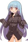  blue_hair blush bottomless gakuran kula_diamond long_hair looking_at_viewer naked_coat naked_gakuran naked_shirt no_panties open_mouth pussy red_eyes school_uniform shirt shunin sketch sleeves_past_wrists smile solo the_king_of_fighters uncensored very_long_hair 