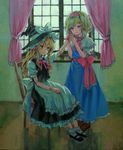  alice_margatroid ama-tou blonde_hair blue_eyes bow braid capelet chair character_doll curtains doll doll_joints hair_bow hairband hat highres holding_hand holding_hands kirisame_marisa long_hair mary_janes multiple_girls shoes single_braid sitting touhou traditional_media window witch_hat yellow_eyes 