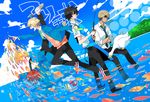  akira_agarkar_yamada apron aquarium bird chappa_(kaetodo) cloud copyright_name day fish fishing_rod goose haru_(tsuritama) male_focus multiple_boys necktie ocean sanada_yuki school_uniform sky tsuritama turban usami_natsuki 