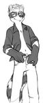  clothing eyewear glasses male mammal monochrome neil open_pants open_shirt pants raccoon shirt solo undressing vasuki 
