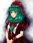  ameya_nihachi front_ponytail green_eyes green_hair hair_ribbon kagiyama_hina long_hair ribbon smile solo touhou v_arms 