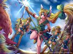  amazon bird blonde_hair blue_eyes blush boots bow breasts bridal_gauntlets cleavage dress hair_bow helmet long_hair low-tied_long_hair medium_breasts milan1000 multiple_girls open_mouth polearm riesz seiken_densetsu seiken_densetsu_3 small_breasts spear very_long_hair weapon winged_helmet 