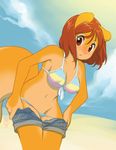  beach bikini brown_eyes brown_hair clothed clothing cloud cute female hair looking_at_viewer mammal miu navel open_mouth peaches_(miu) rodent seaside skimpy solo squirrel swimsuit tight_clothing undressing 