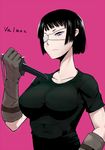  animenokuni black_hair blue_eyes breasts eyepatch frown gloves jormungand knife large_breasts reverse_grip shirt sofia_valmer solo taut_clothes taut_shirt weapon 