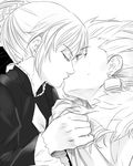  1girl arnoul artoria_pendragon_(all) bad_id bad_pixiv_id closed_eyes earrings eyelashes fate/stay_night fate_(series) gilgamesh greyscale hair_bun hair_ribbon hetero jewelry kiss monochrome ribbon saber_alter surprised 