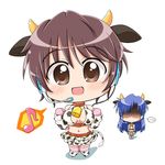  2girls animal_ears animal_print bell bell_collar blue_hair blush breast_envy brown_eyes brown_hair chibi collar cosplay cow_bell cow_ears cow_horns cow_print cow_tail eighth_note gloves headset horns idolmaster idolmaster_(classic) idolmaster_cinderella_girls kisaragi_chihaya midriff multiple_girls musical_note navel no_eyes oikawa_shizuku oikawa_shizuku_(cosplay) open_mouth shaded_face simple_background skirt smile speech_bubble spoken_ellipsis spoken_musical_note tail wagomu17 white_background 