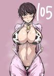  animal_print areolae bell bell_collar black_beat black_hair blush breasts brown_eyes collar covered_nipples cow_bell cow_print curvy idolmaster idolmaster_cinderella_girls jumpsuit large_breasts nipples oikawa_shizuku open_clothes short_hair solo 