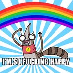  clothed clothing english_text half-dressed happy image_macro invalid_tag jasesea male mammal raccoon rainbow reaction_image regular_show rigby shirt smiley_face so_fucking_happy solo text 