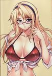  absurdres bikini_top blonde_hair blue_eyes blush breasts cleavage covered_nipples fingernails freezing front-tie_top glasses hairband highres kim_kwang_hyun large_breasts long_hair looking_at_viewer navel off_shoulder parted_lips satellizer_el_bridget scan sexually_suggestive shiny shiny_skin shirt solo swimsuit tied_shirt upper_body wet 