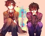  bad_id bad_pixiv_id brown_eyes brown_hair copyright_name crossed_legs emiya_kiritsugu facial_hair fate/zero fate_(series) kotomine_kirei male_focus multiple_boys necktie red_eyes shiroto_iku sitting stubble 