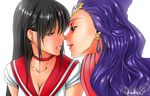  aconitea bad_id bad_pixiv_id bishoujo_senshi_sailor_moon black_hair black_moon_clan breasts choker cleavage crystal_earrings earrings eye_contact forehead_jewel gem hair_behind_ear half-closed_eyes highlights hino_rei imminent_kiss jewelry koan_(sailor_moon) lipstick long_hair looking_at_another magical_girl makeup medium_breasts multicolored_hair multiple_girls parted_lips pinstripe_pattern profile purple_eyes purple_hair red_sailor_collar sailor_collar sailor_mars sailor_senshi_uniform school_uniform serafuku shiny shiny_hair short_sleeves signature striped upper_body wavy_hair white_background yuri 