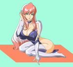  ass birdy_cephon_altirra bodysuit breasts cleavage covered_nipples ghost_(mausuman34) gloves green_eyes hand_in_hair high_heels large_breasts legs looking_at_viewer pink_hair shoes sitting solo tetsuwan_birdy thighs wariza white_hair 
