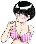  asano_hiroshi bikini black_hair blush breasts checkered checkered_bikini cleavage covered_nipples glasses large_breasts nazo_no_kanojo_x oka_ayuko profile short_hair strap_lift swimsuit 
