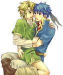  blonde_hair blue_eyes blue_hair blush cum fire_emblem holding ike link nintendo open_mouth pants_down sitting sitting_on_lap sitting_on_person the_legend_of_zelda yaoi 