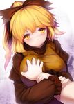  blonde_hair blush bow breast_grab breasts danbo_(rock_clime) grabbing guided_breast_grab hair_bow hands kurodani_yamame large_breasts out_of_frame pov pov_hands short_hair smile solo_focus touhou yellow_eyes 