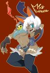  animal_ears belt blood blue_eyes breasts cat_ears cat_tail claws collar dark_skin detached_leggings fang fingerless_gloves fingernails gloves headless long_fingernails medium_breasts ms._fortune_(skullgirls) one_eye_closed pouch scar severed_head skullgirls smile solo tail tamachro underboob white_hair 