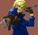  adjustable_wrench aqua_eyes baccano! blonde_hair gloves graham_spector grin itigojam11234 male_focus oversized_object smile solo wrench 